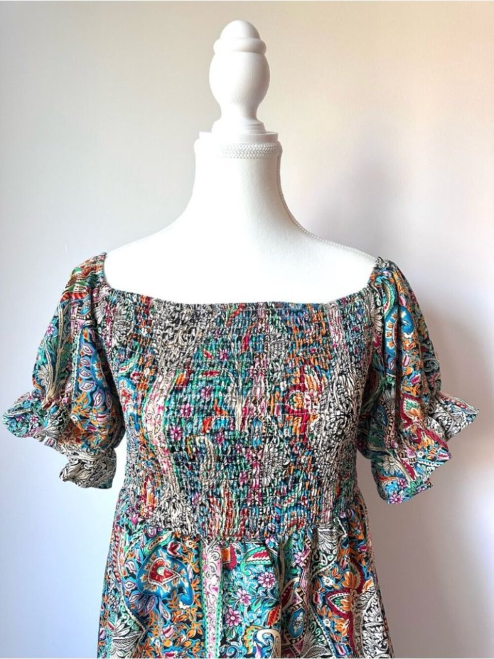 Bohemian Paisley Puff Sleeve Multi-Colour Summer Smocked Mini Dress - L - Picture 3 of 13